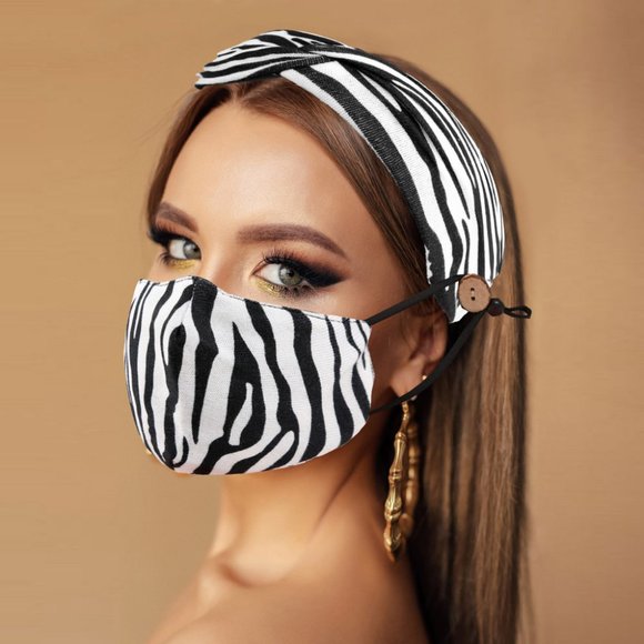 Zebra Print Cotton Fashion Mask Headband Set - Picture 1 of 1